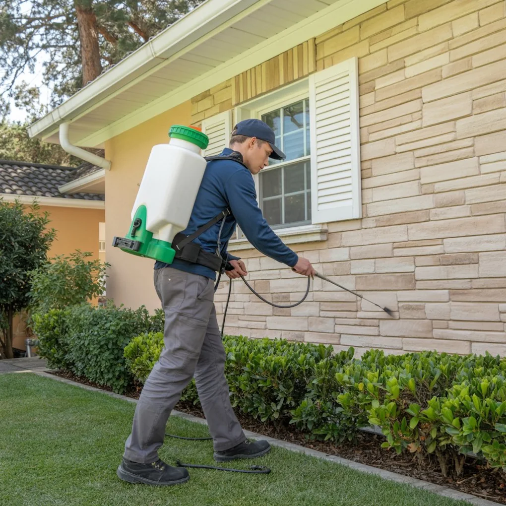 Pest control technician applying a perimeter treatment around a home