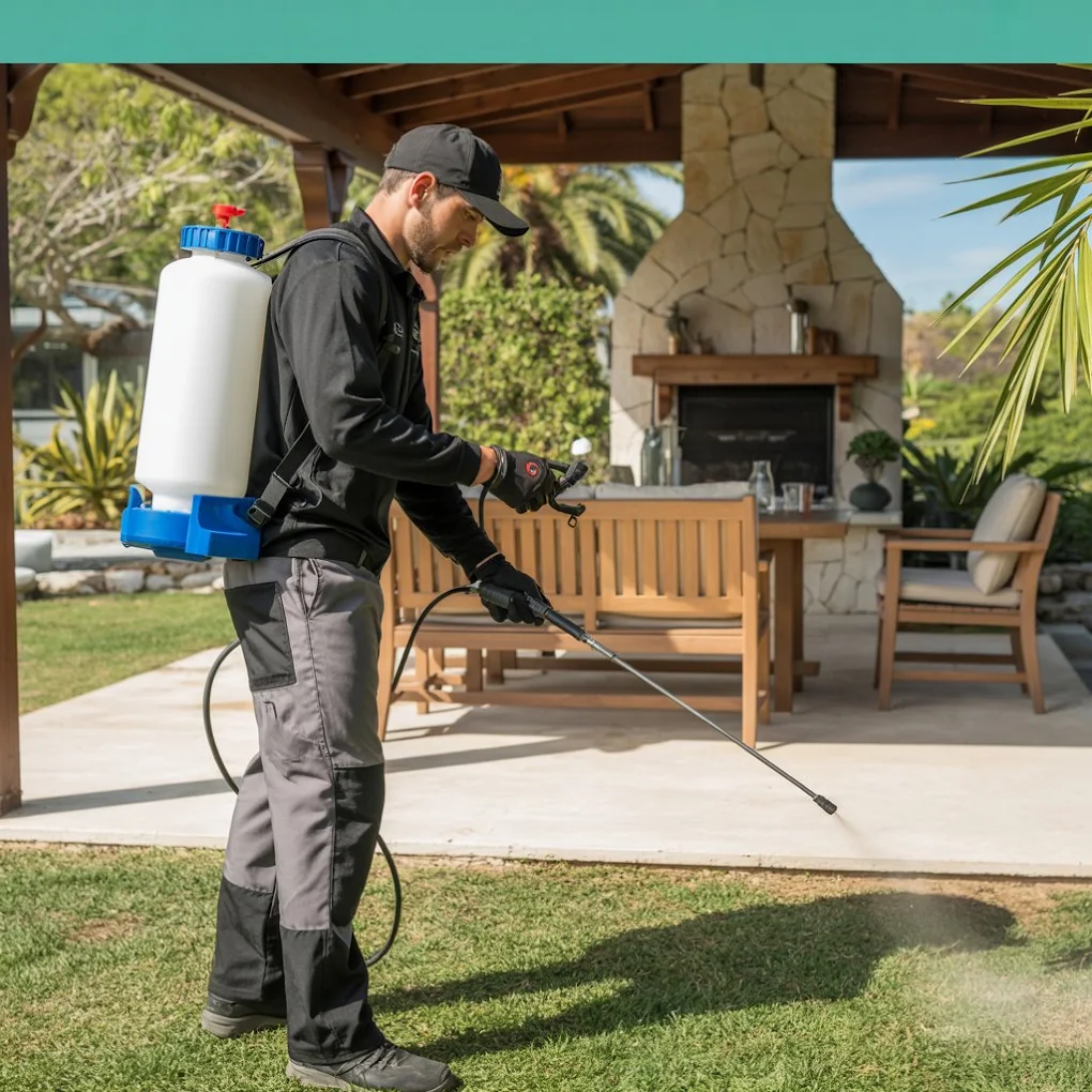 Pest control technician treating an outdoor residential area
