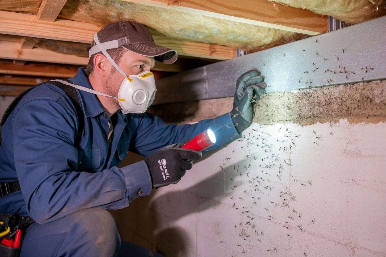 Technician inspecting pest activity in a crawlspace with a flashlight