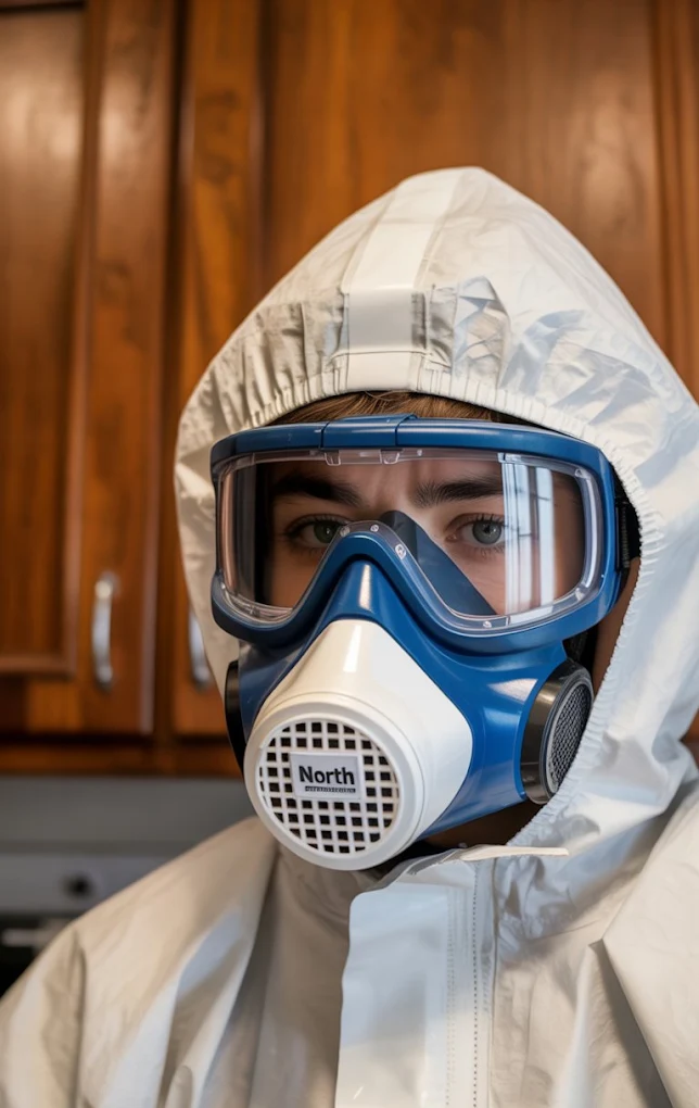 Pest control professional wearing protective equipment indoors